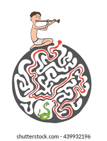 Maze puzzle for kids, labyrinth illustration with solution.