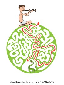 Maze puzzle for kids, labyrinth illustration with solution.