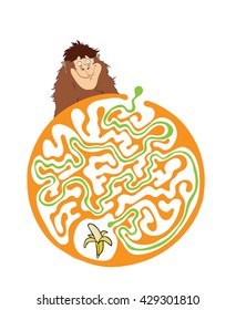 Maze puzzle for kids with monkey and banana. Labyrinth illustration, solution included.