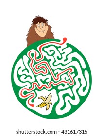 Maze puzzle for kids with monkey and banana. Labyrinth illustration, solution included.