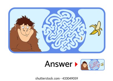 Maze puzzle for kids with monkey and banana. Labyrinth illustration, solution included.