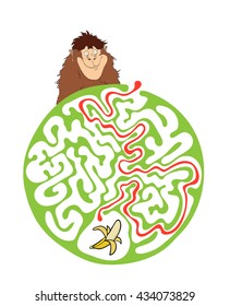 Maze puzzle for kids with monkey and banana. Labyrinth illustration, solution included.