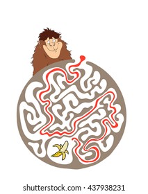 Maze puzzle for kids with monkey and banana. Labyrinth illustration, solution included.