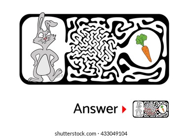 Maze puzzle for kids with rabbit and carrot. Labyrinth illustration, solution included.