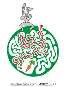 Maze puzzle for kids with rabbit and carrot. Labyrinth illustration, solution included.