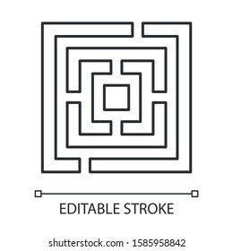 Maze Puzzle Linear Icon. Labyrinth. Route, Pathway Finding. Mental Exercise, Challenge. Brain Teaser. Thin Line Illustration. Contour Symbol. Vector Isolated Outline Drawing. Editable Stroke