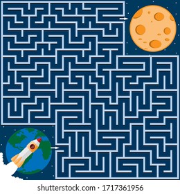 El rompecabezas del laberinto sobre el tema del espacio, ayudar al cohete a encontrar el camino a la luna, la forma del laberinto es cuadrada, el fondo es azul, vector, para educación, desarrollo, diseño de libros para niños