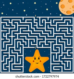 Maze puzzle on the theme of space star and Moon on a dark blue background, vector illustration, education and entertainment, children's book design