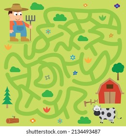 Maze puzzle page for children on farmer's theme