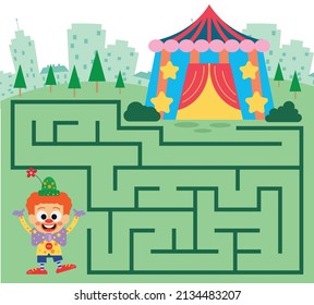 Maze puzzle page for clown-themed kids