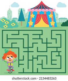 Maze puzzle page for clown-themed kids