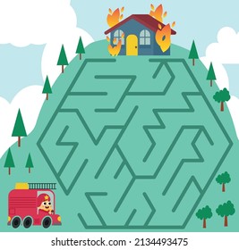 Maze puzzle page for kids with fireman theme