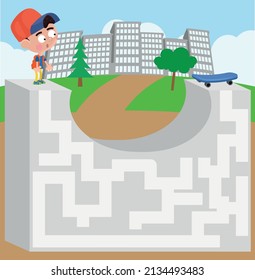 Maze puzzle page for kids on skateboard