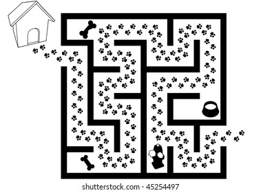 Maze Puzzle of Pet Puppy Dog Paw Prints Trail in black and white.