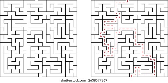 Maze puzzle with solution showing successful pathfinding and problem solving concepts