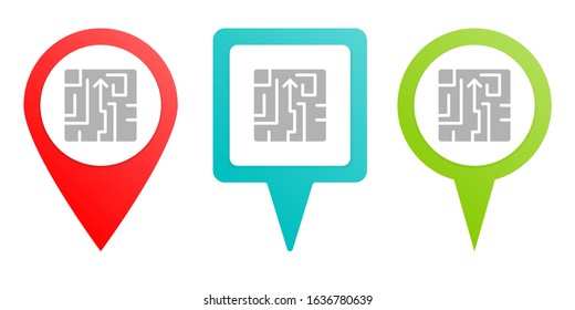 maze, puzzle, strategy. Multicolor pin vector icon, diferent type map and navigation point.