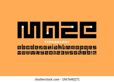 Maze puzzle style font design, labyrinth alphabet, letters and numbers vector illustration 