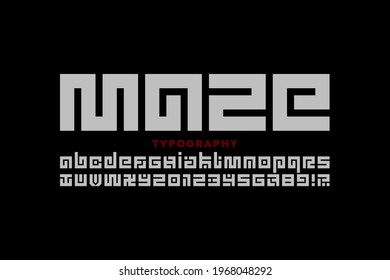 Maze puzzle style font design, labyrinth alphabet, letters and numbers vector illustration 