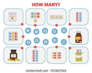 Maze puzzle task for the development of logical thinking. Educational game for children. How many pills? Medicine counting worksheet. Vector illustration