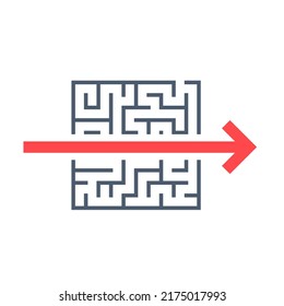 Maze and red arrow solution concept icon. Clipart image isolated on white background