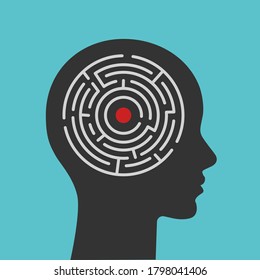Maze with a red dot in the middle of the head. Mind maze icon suitable for info graphics, websites and interfaces. 