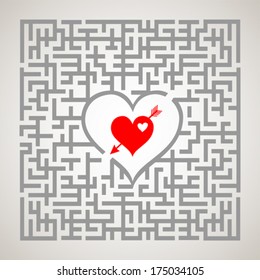 Maze with red heart at the finish. Vector Illustration