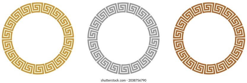 Maze ring with meander look in Gold, Silver, Bronze on isolated white background.