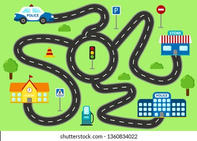 Maze road game for preschool kids. Help the police car find right path to police station. Cartoon city.