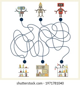 Maze with robots. Find right way. Kids mini game for develipment.