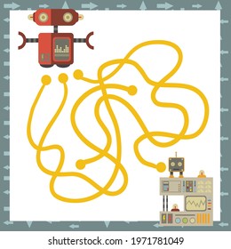 Maze with robots. Find right way. Kids mini game for develipment.