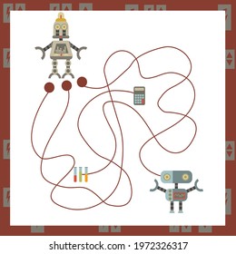 Maze with robots. Find right way. Kids mini game for development.