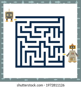 Maze with robots. Find right way. Kids mini game for development.