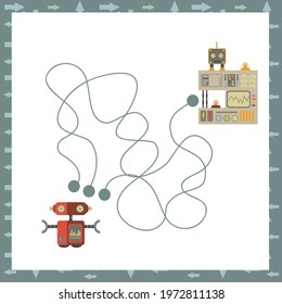 Maze with robots. Find right way. Kids mini game for development.