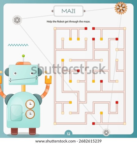 Maze Robots game for children. Help cute Robot find correct way. Vector illustration. Labyrinth for kids activity book. Book square format.