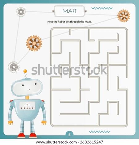 Maze Robots game for children. Help cute Robot find correct path. Vector illustration. Labyrinth for kids activity book. Book square format.