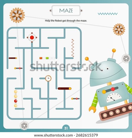Maze Robots game for children. Help funny Robot find correct way. Vector illustration. Labyrinth for kids activity book. Book square format.