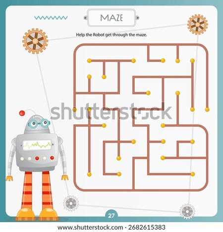 Maze Robots game for children. Help cute Robot find correct way. Vector illustration. Labyrinth for kids activity book. Book square format.