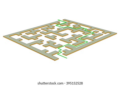 Maze with route indication. Vector illustration isolated on white background.