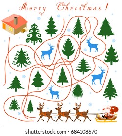 Maze with Santa Claus and Christmas trees. Find the way to the home through the forest.