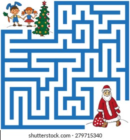 maze with Santa Claus, who carries a bag with gifts under the Christmas tree for children.