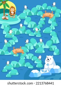 Maze con mar y animales. Actividad para niños. Juego de rompecabezas para los niños. Ayuda al mono a llegar al oso. Por el camino debe conocer 7 gaviotas. Ilustración vectorial.