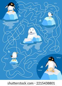 Maze With Sea Animals. Activity For Children. Puzzle Game For Kids. Help Father Penguin Find Mother Penguin. Vector Illustration.