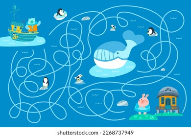 Maze con animales marinos, oso en barco, pingüinos, ballena. Ayuda a encontrar una casa de conejo. Actividad para niños. Juego de rompecabezas para los niños. Ilustración vectorial. 