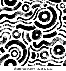 Maze seamless pattern with curved lines and circles. Abstract organic rounded lines with rough texture. Brush drawn vector geometric shapes. Bold curvy irregular strokes. Labyrinth texture.
