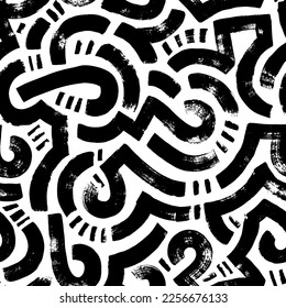 Maze seamless pattern with curved lines. Abstract organic rounded lines with dashes. Brush drawn vector geometric shapes. Bold curvy irregular strokes. Black and white labyrinth texture.