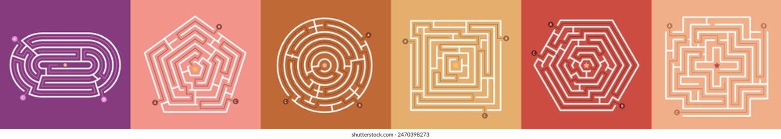 Maze set. Labyrinth games, path puzzles with entrance, exit. Map conundrum, right route search challenge. Kids riddle, confused lines, rebus designs for finding direction. Flat vector illustration