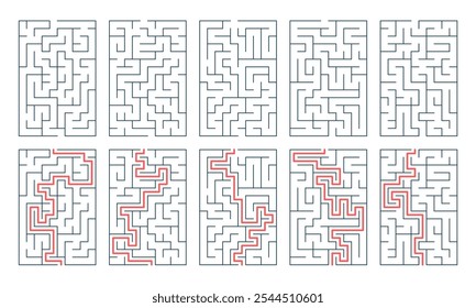 Conjunto de labirinto com uma solução. Jogo para crianças. Labirinto vetorial, enigma.  Quebra-cabeça para crianças. Encontre o caminho certo. Labirinto para livros, impressão, atividade familiar.