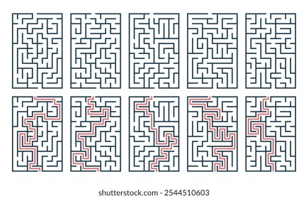 Conjunto de labirinto com uma solução. Jogo para crianças. Labirinto vetorial, enigma.  Quebra-cabeça para crianças. Encontre o caminho certo. Labirinto para livros, impressão, atividade familiar.