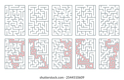 Conjunto de labirinto com uma solução. Jogo para crianças. Labirinto vetorial, enigma.  Quebra-cabeça para crianças. Encontre o caminho certo. Labirinto para livros, impressão, atividade familiar.