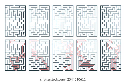 Conjunto de labirinto com uma solução. Jogo para crianças. Labirinto vetorial, enigma.  Quebra-cabeça para crianças. Encontre o caminho certo. Labirinto para livros, impressão, atividade familiar.